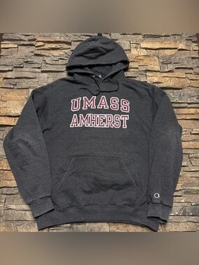 UMass Amherst Pullover Hoodie Sweatshirt Mens Large Gray Champion College Pocket